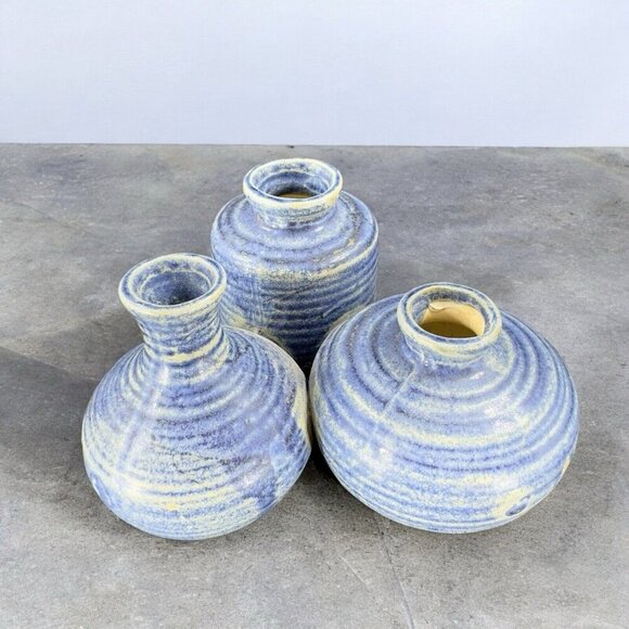 Studio Art Pottery Bud Vase Trio Attached Vases Primitive Style HandCrafted Blue - Picture 1 of 16